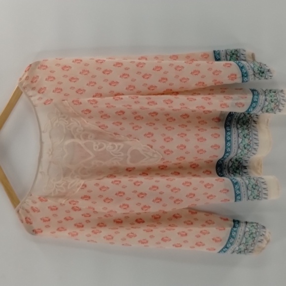 Blu Pepper sheer pin tucked front size large blouse coral cream & green flowy - Picture 5 of 8